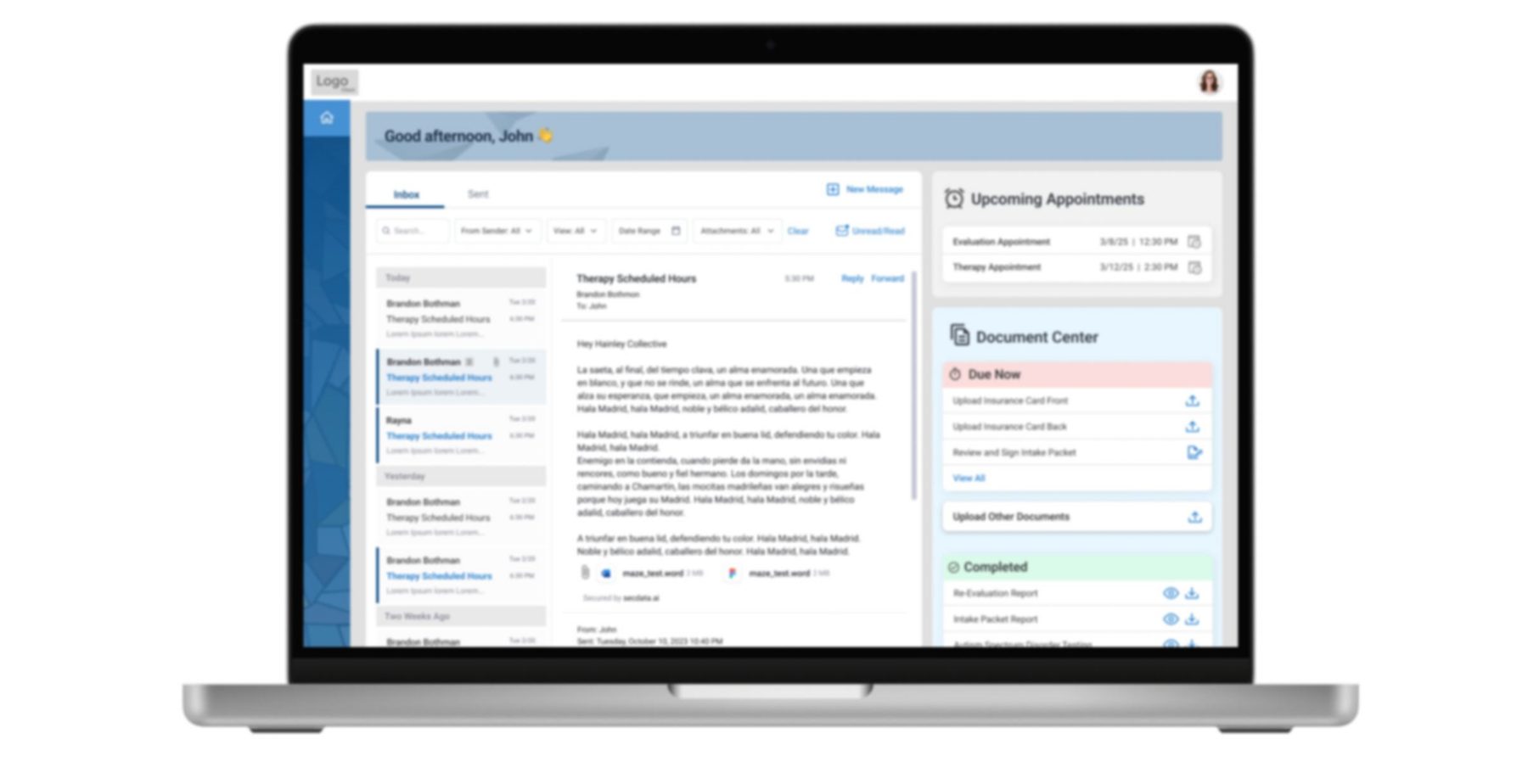 Client Portal inbox shown on a laptop