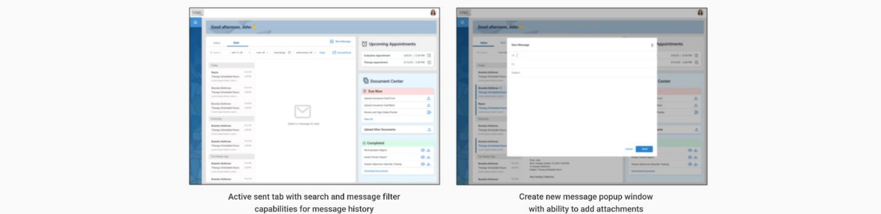 Active sent tab with search and filter, and create new message popup