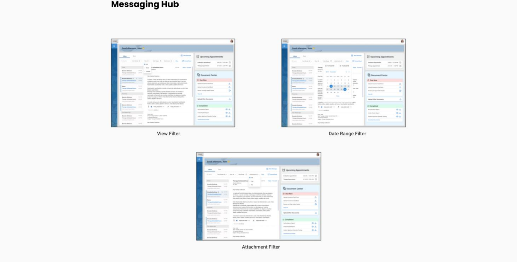 Messaging hub with view filter, date range filter, and attachment filter
