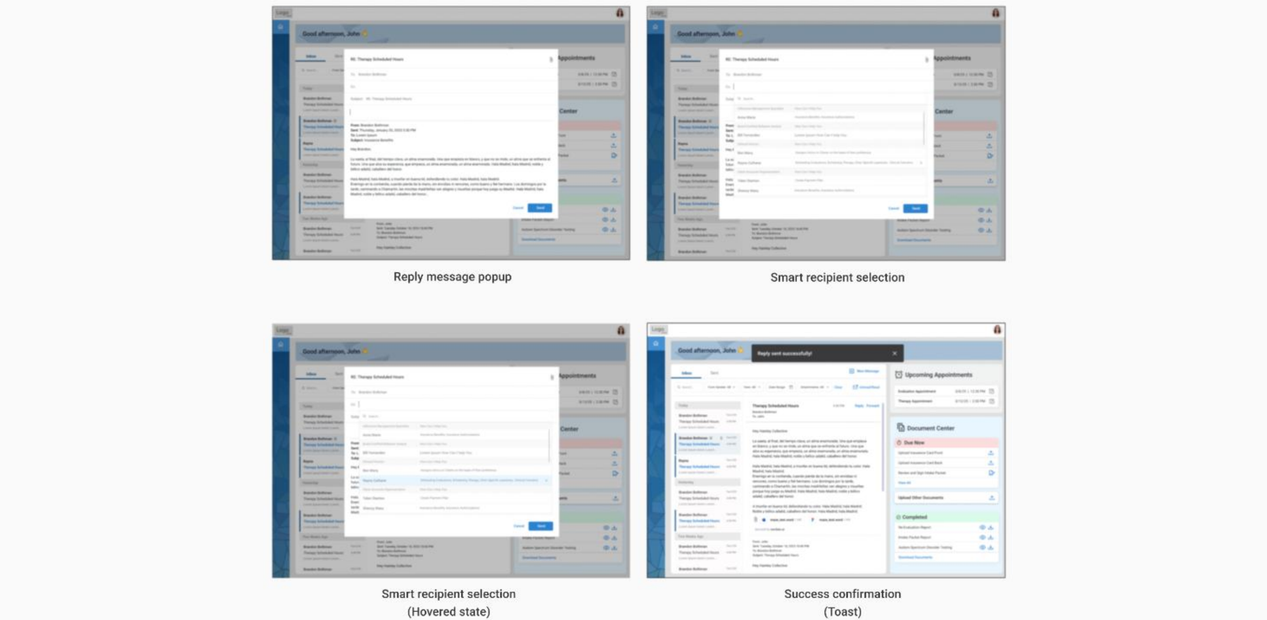 Reply popup, smart recipient selection, and success confirmation toast