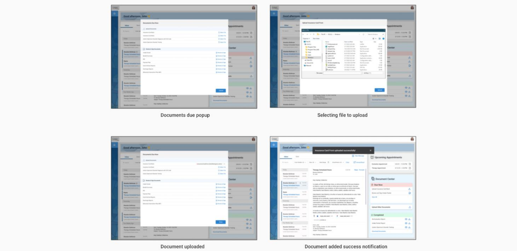 Documents due popup, file selection, upload confirmation, and success notification