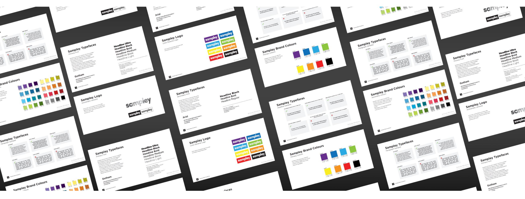 Sampley brand guideline pages showing logo, typefaces, and brand colours