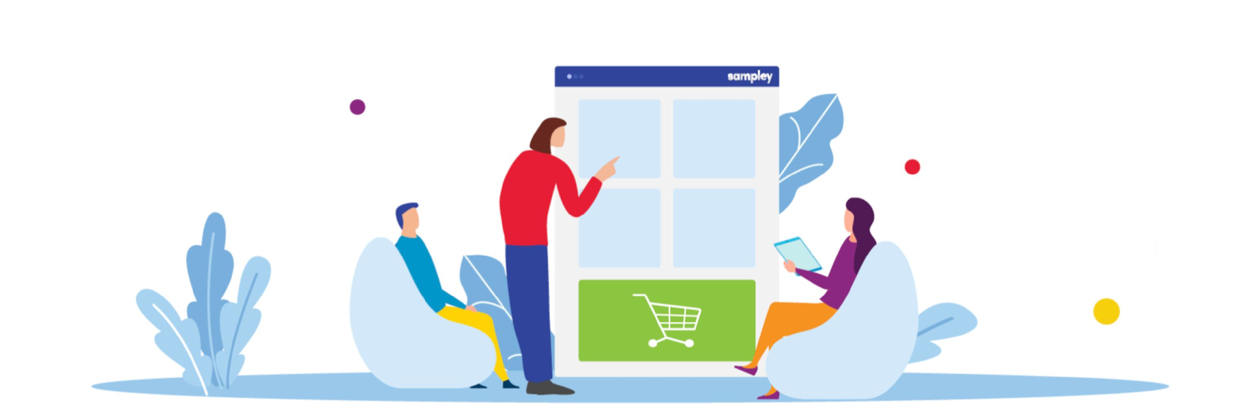Illustration of people browsing the Sampley product on a device