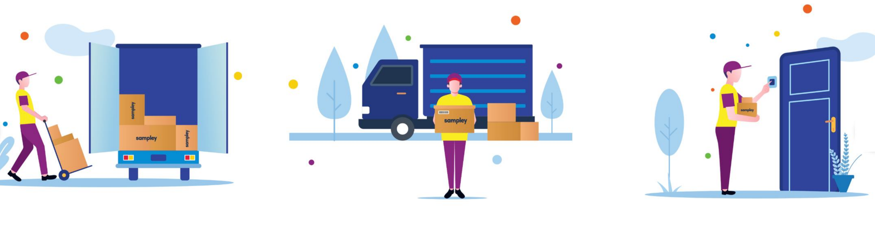 Illustrations of sample pickup, van loading, and doorstep drop off