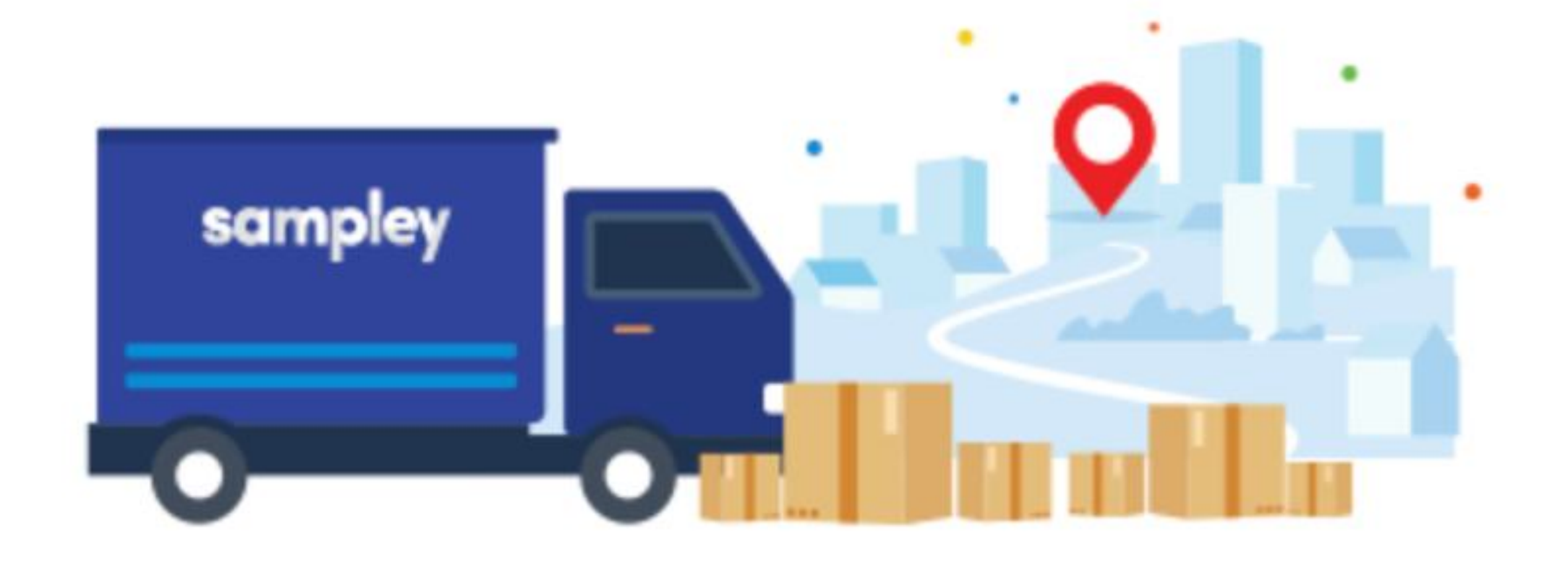 Illustration of a Sampley delivery truck arriving in a city