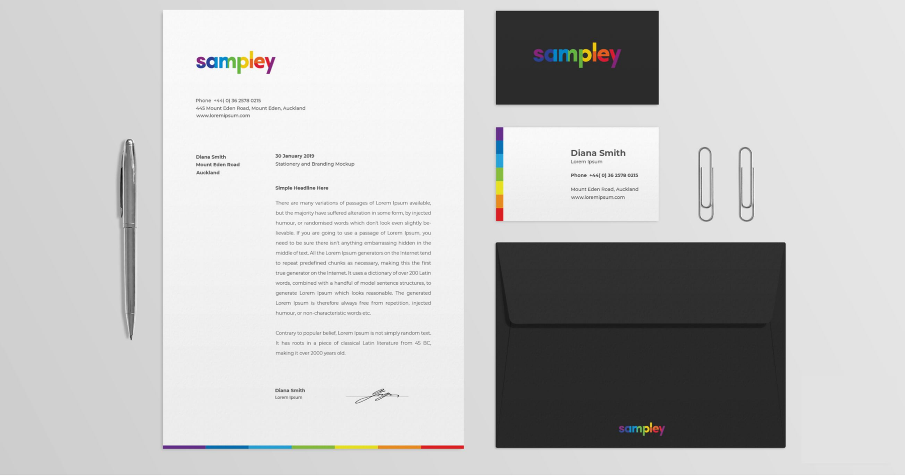 Sampley stationery mockup: letterhead, business card, and envelope