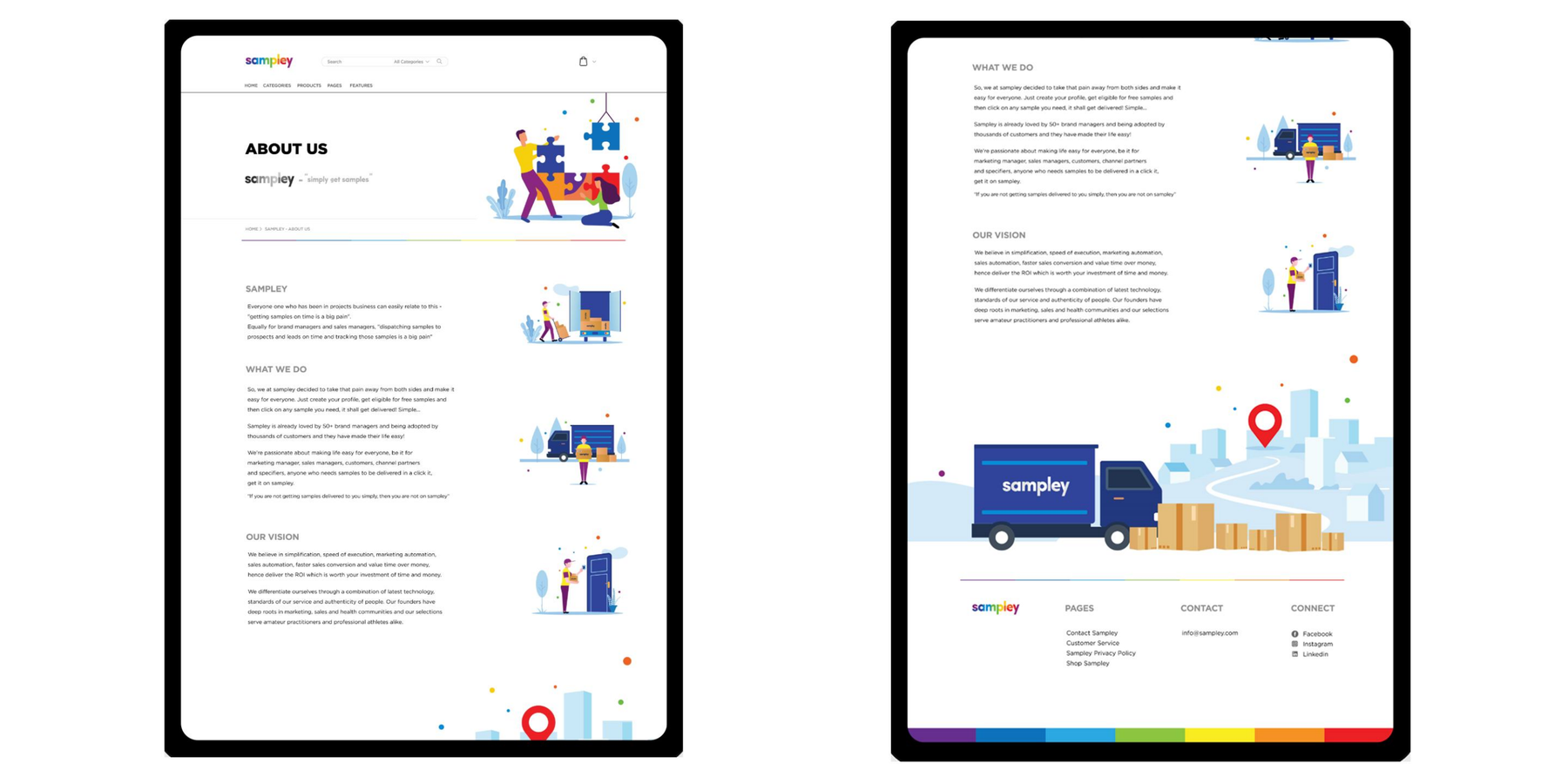 Sampley About Us and What We Do web pages on tablet mockups