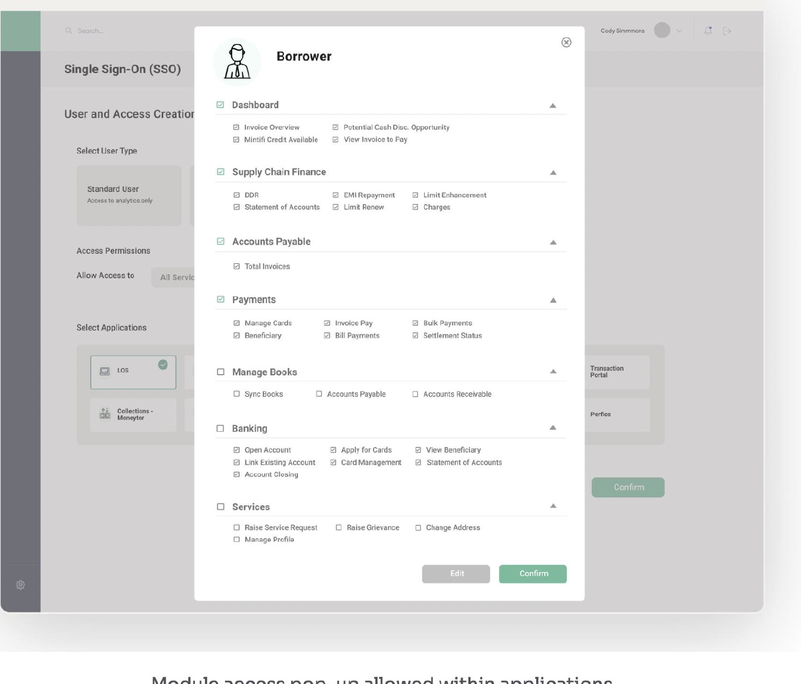 Module access popup allowed within applications, showing the Borrower application's feature checklist