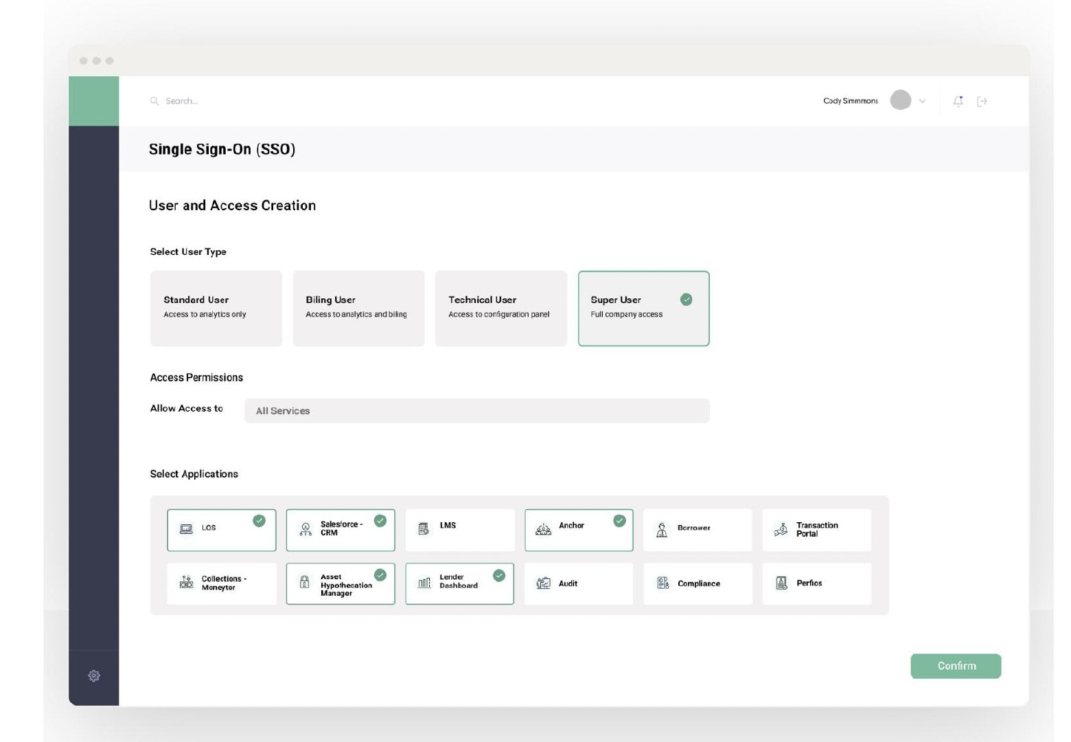User and access creation screen with user type selection and application access grid