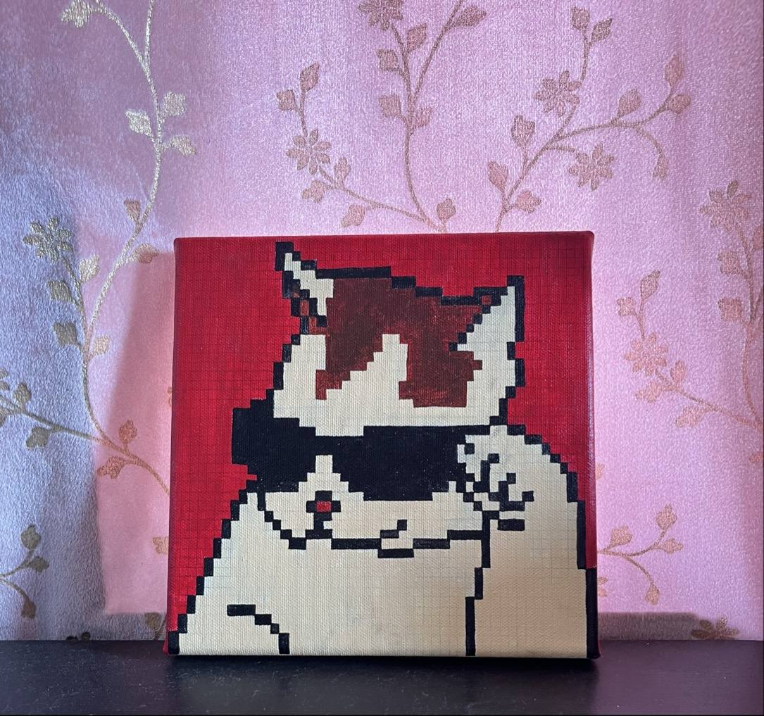 Pixel-style acrylic painting of a cat