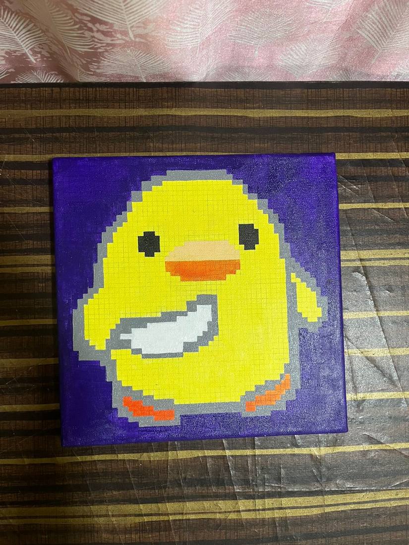 Pixel-style acrylic painting of a duck